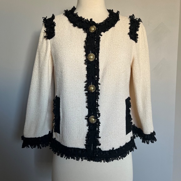 St. John Collection Cream Black Applique Knit Crepe Evening Dress Jacket‎ Blazer - Picture 2 of 12